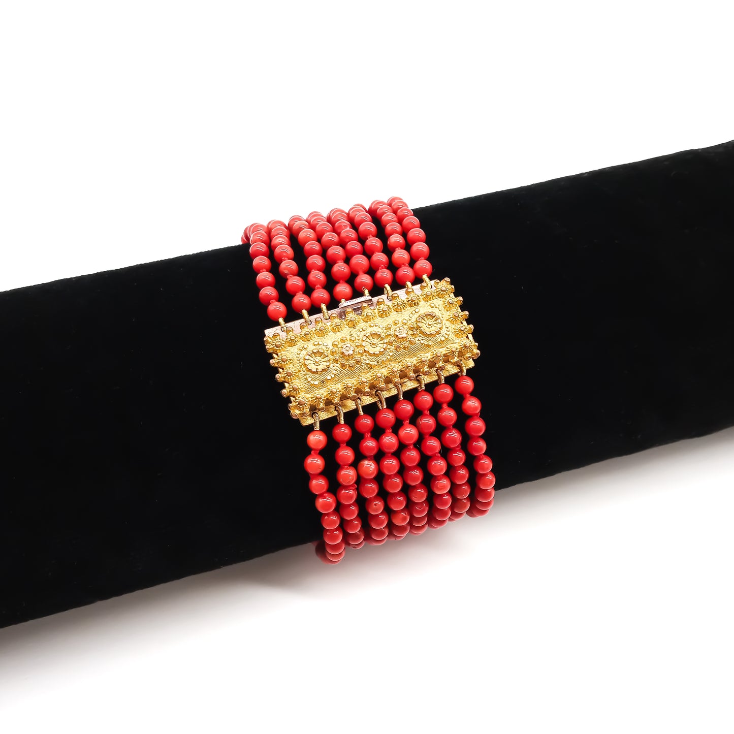 Gorgeous Victorian eight strand Mediterranean coral bracelet with an ornate ormolu clasp.