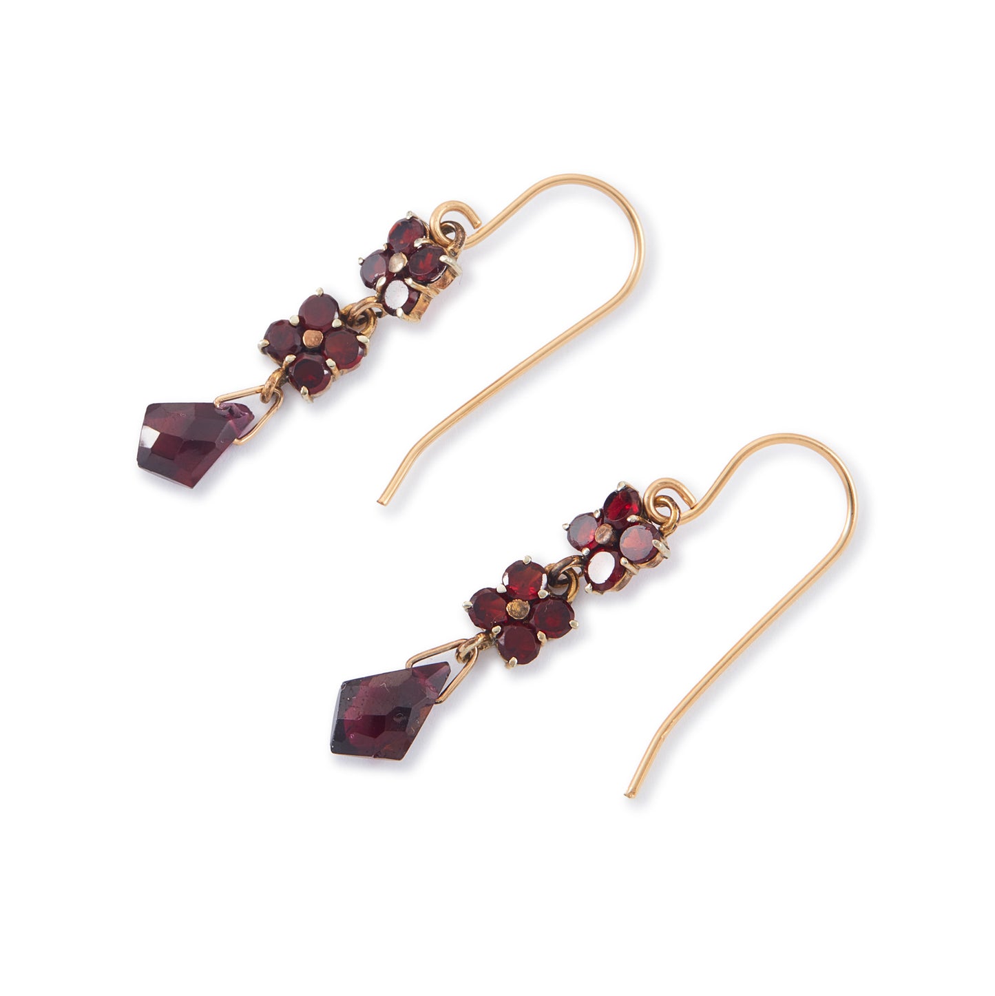 Pretty Victorian gold-filled dangling earrings set with deep red faceted garnets. Hooks replaced.