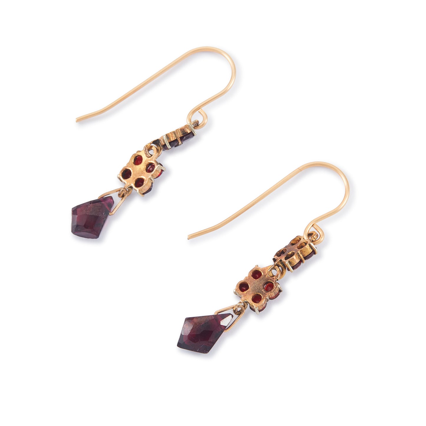 Pretty Victorian gold-filled dangling earrings set with deep red faceted garnets. Hooks replaced.