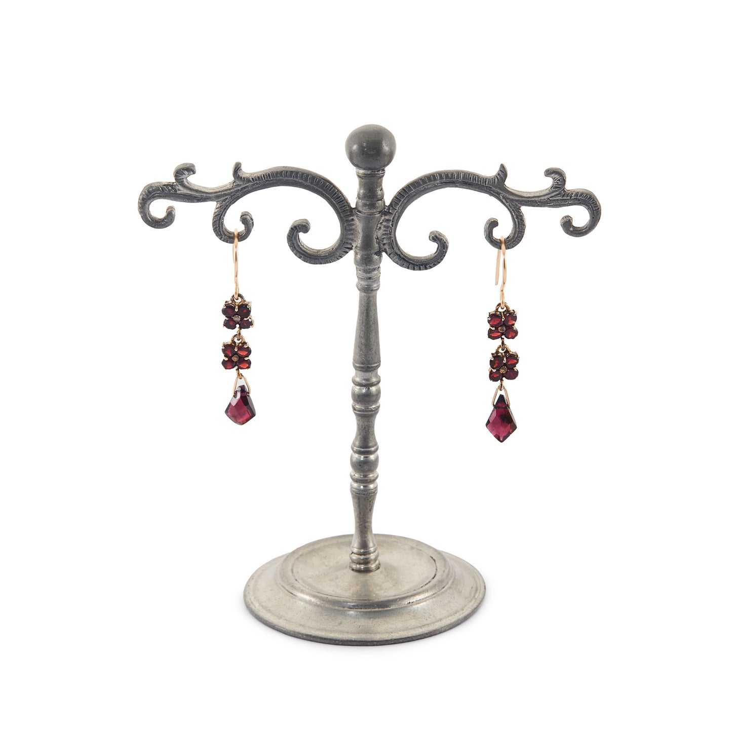 Pretty Victorian gold-filled dangling earrings set with deep red faceted garnets. Hooks replaced.