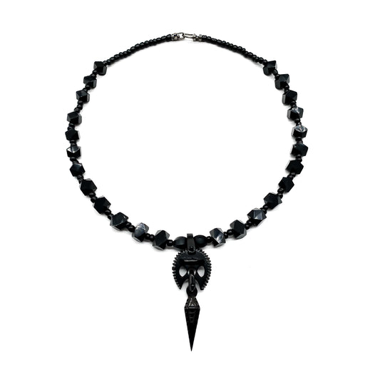 Classic Victorian jet necklace with geometric design and a beautifully detailed centre drop.