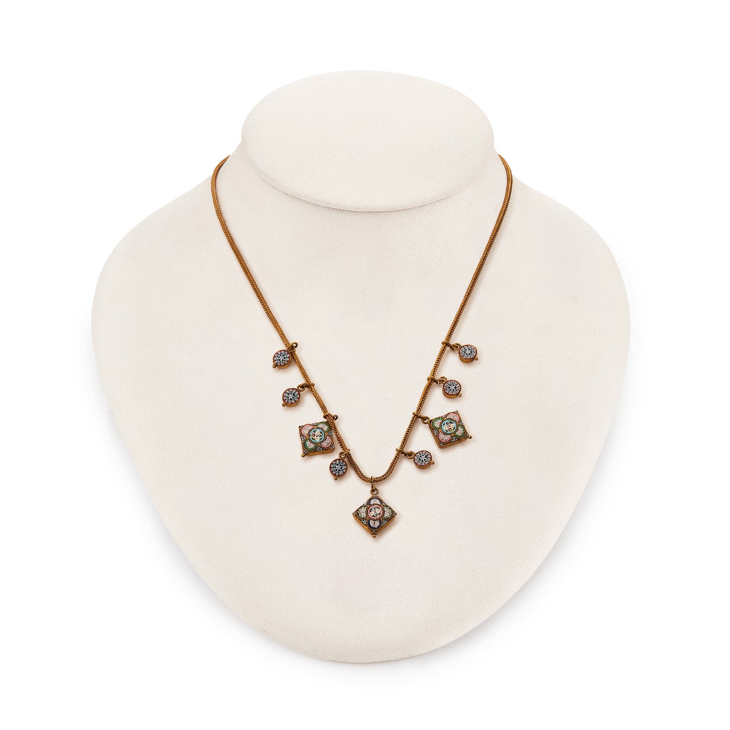 Pretty Victorian brass necklace with nine dangling, hand-set micro-mosaic drops. Italy