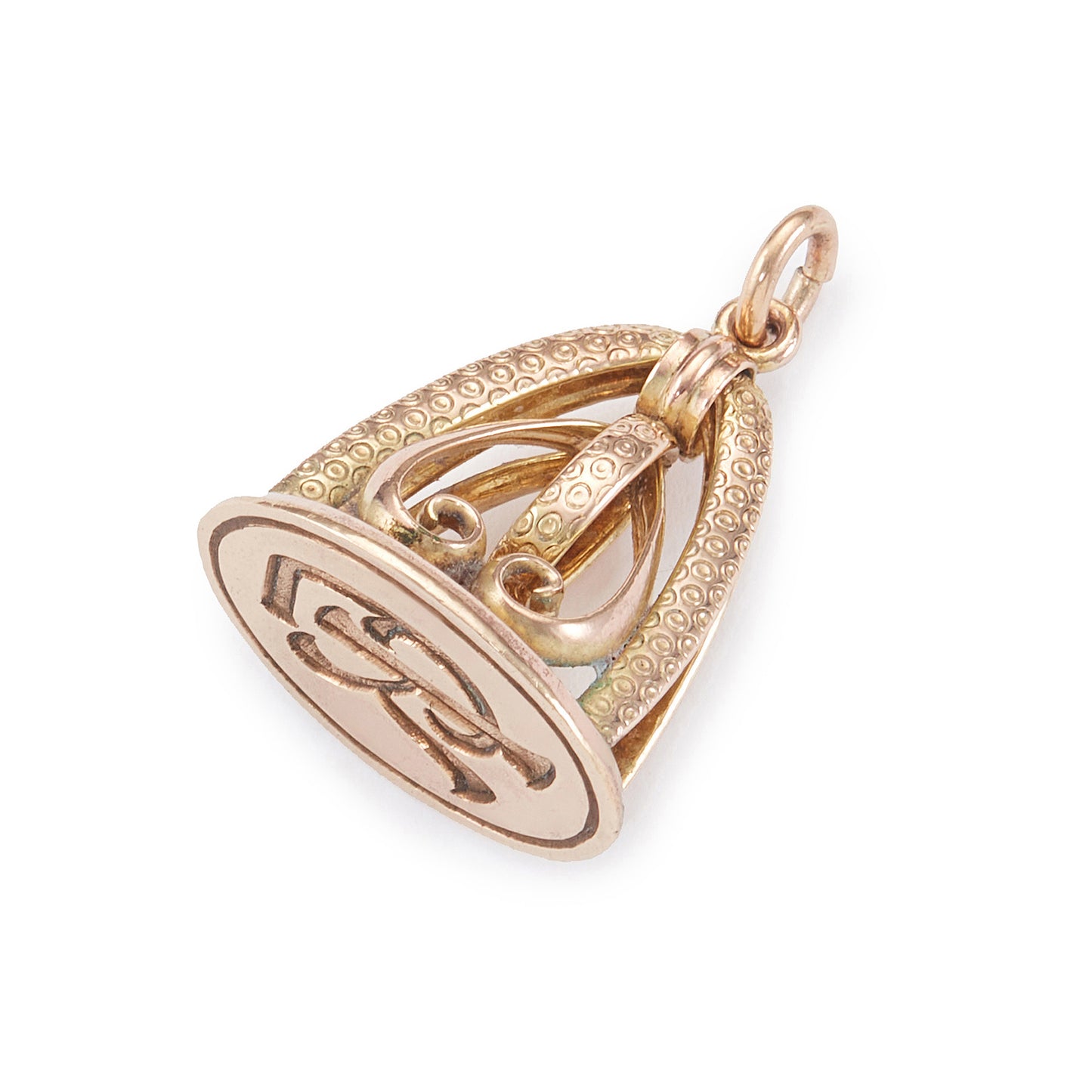 Charming Victorian rose gold-cased fob seal with fancy script initials and ornate detail.
