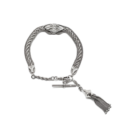 Stunning chunky silver Victorian three-strand Albertina bracelet with ornate detail, a dog clip, tassel and T-Bar.