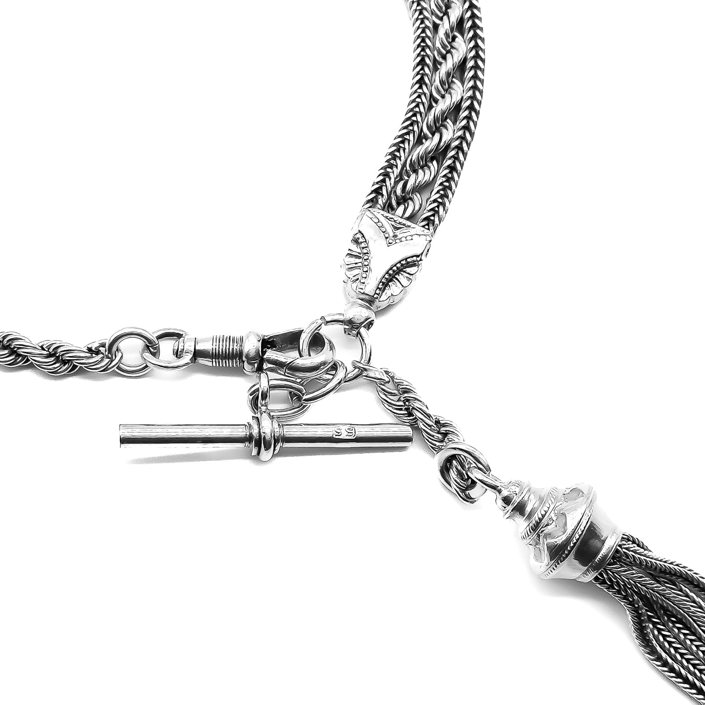 Stunning chunky silver Victorian three-strand Albertina bracelet with ornate detail, a dog clip, tassel and T-Bar.