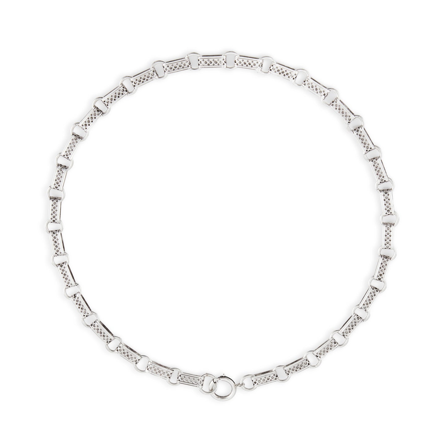 Classic Victorian silver book chain necklace with filigree links and a large bolt ring clasp.