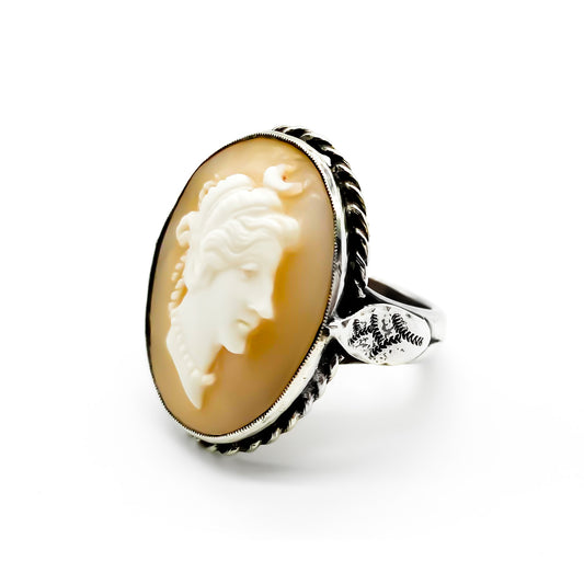 Beautifully carved classic Victorian oval cameo in a chunky silver ring setting.