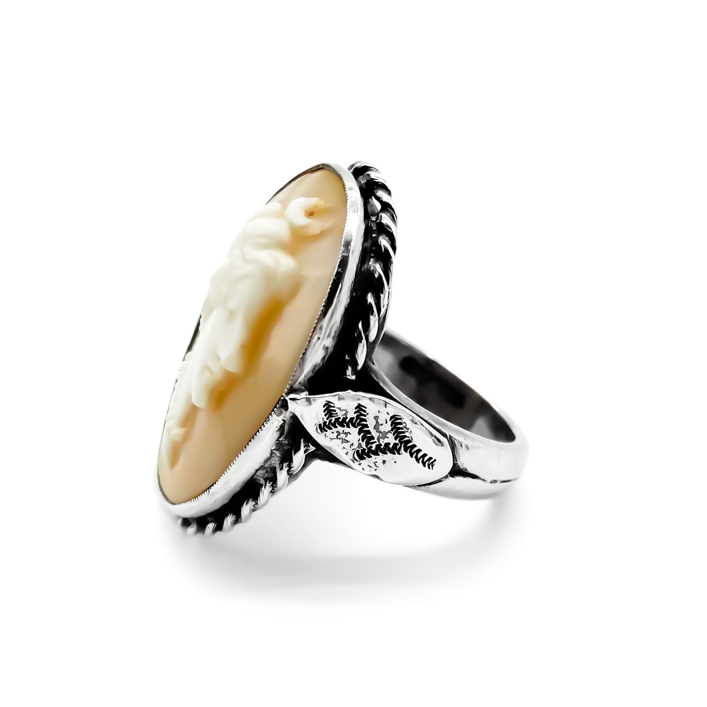 Beautifully carved classic Victorian oval cameo in a chunky silver ring setting.