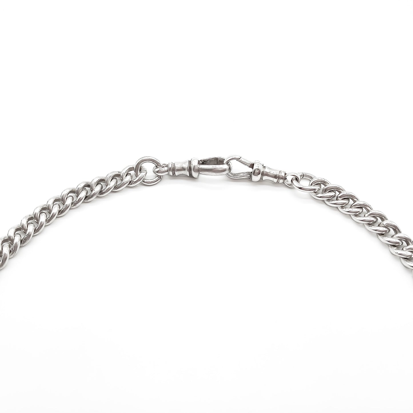 Classic sterling silver Victorian curb link fob chain with a t-bar and two dog clips. Every link is stamped.