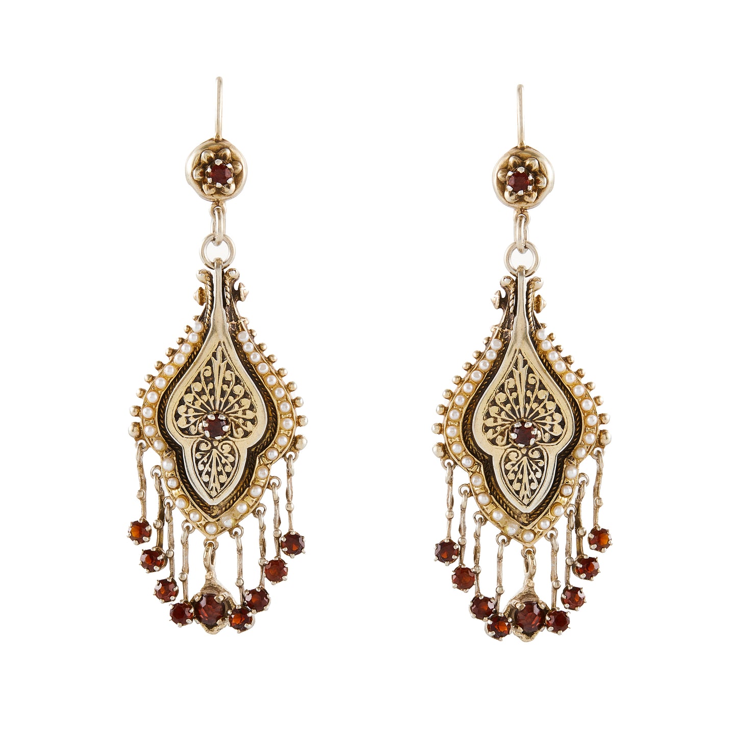 Magnificent Victorian silver gilt chandelier earrings, each set with eleven garnets and twenty nine seed pearls.