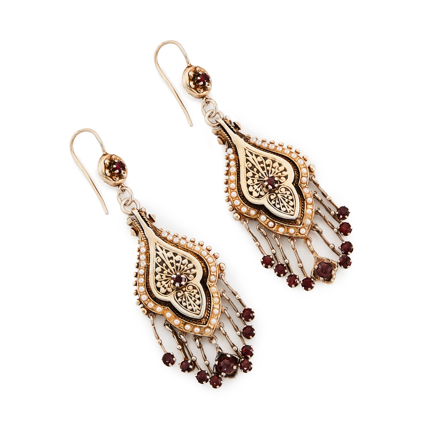 Magnificent Victorian silver gilt chandelier earrings, each set with eleven garnets and twenty nine seed pearls.