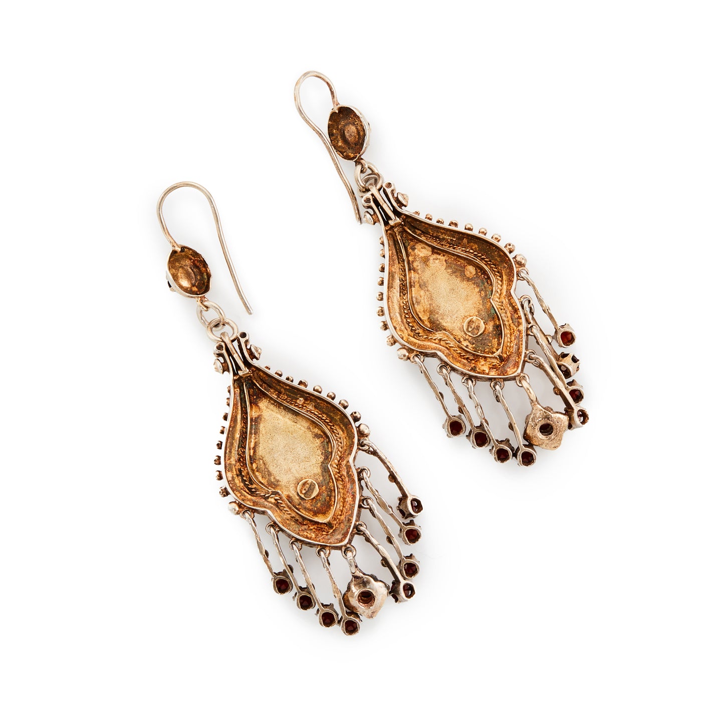 Magnificent Victorian silver gilt chandelier earrings, each set with eleven garnets and twenty nine seed pearls.