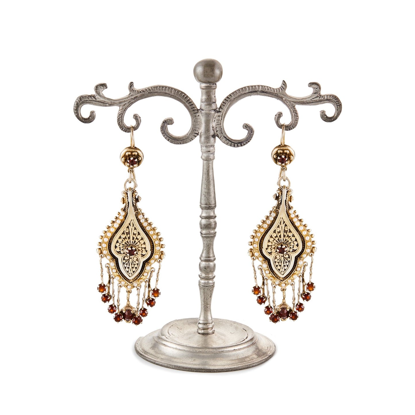 Magnificent Victorian silver gilt chandelier earrings, each set with eleven garnets and twenty nine seed pearls.