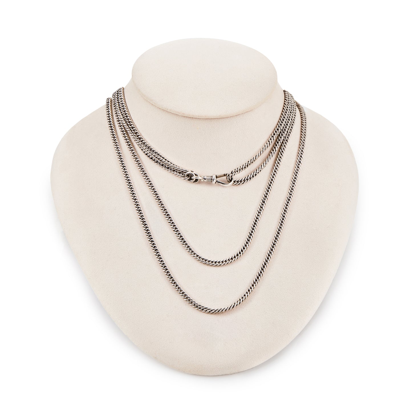 Magnificent Victorian silver curb link long guard chain with a silver dog clip.