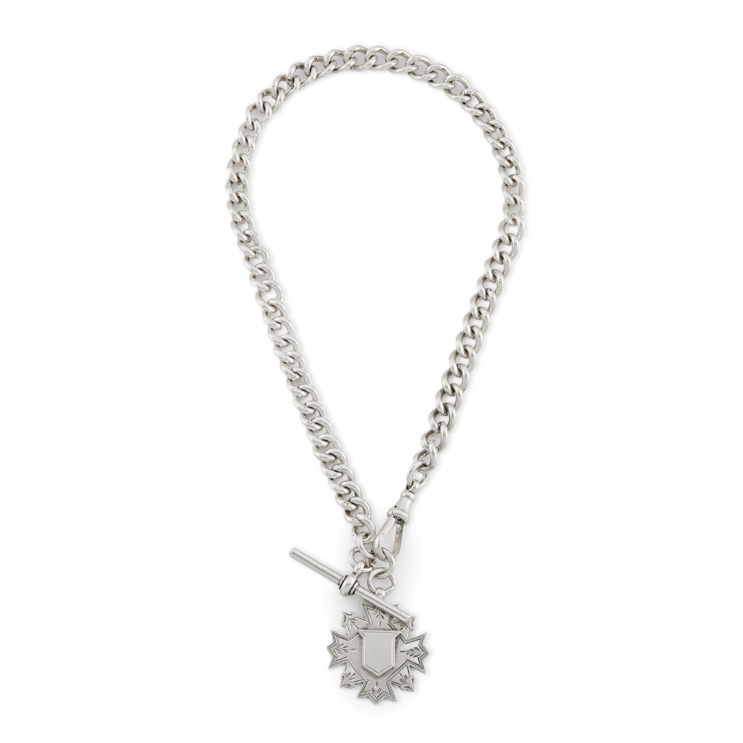 Chunky Victorian sterling silver fob chain with dog clip, t-bar and an ornate medallion (Birmingham 1892).