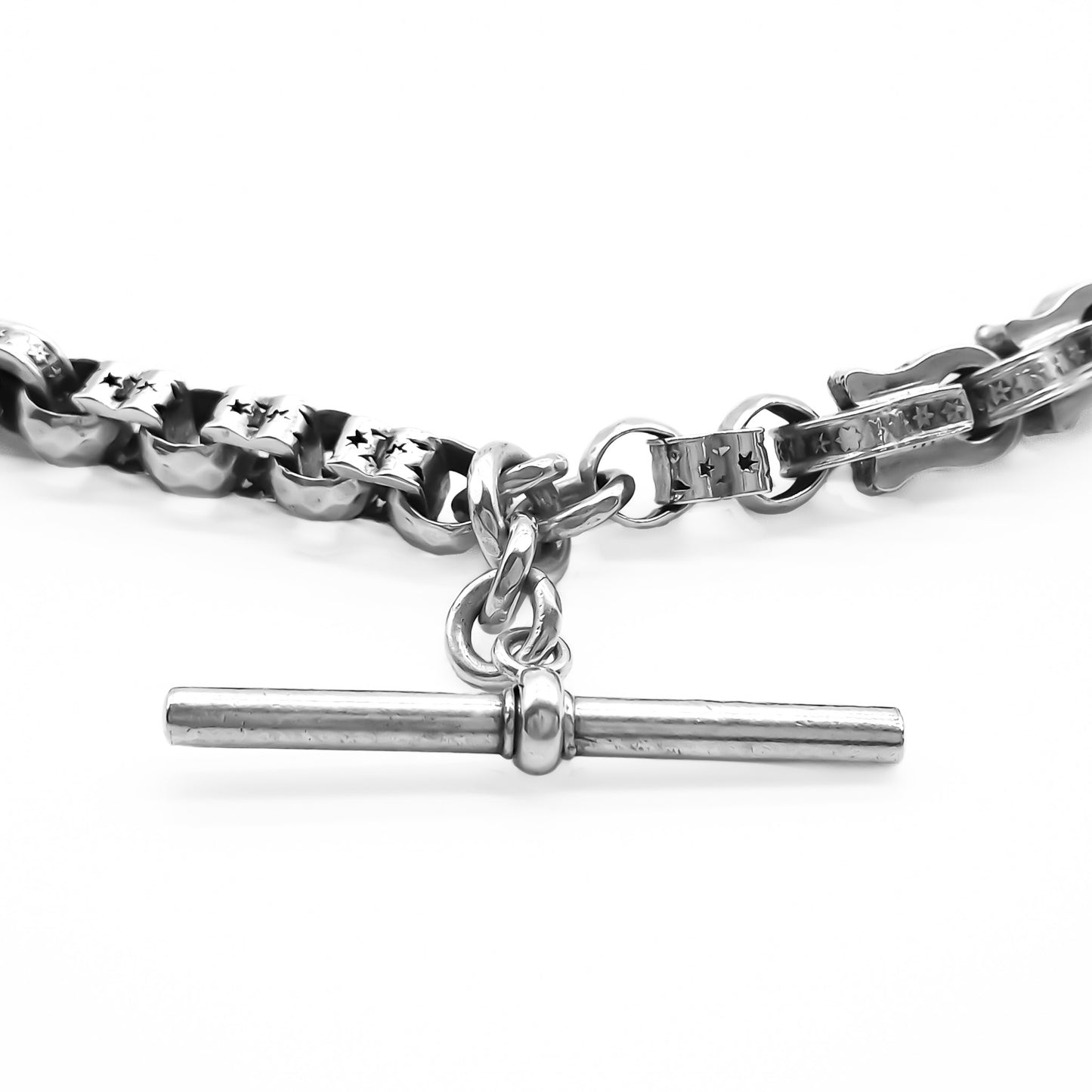 Stunning Victorian sterling silver ornate link fob chain with two dog-clips and a t-bar. Also ideal to wear as a bracelet by draping around the wrist twice.