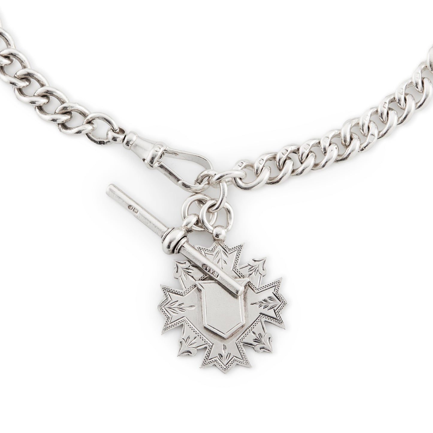 Chunky Victorian sterling silver fob chain with dog clip, t-bar and an ornate medallion (Birmingham 1892).