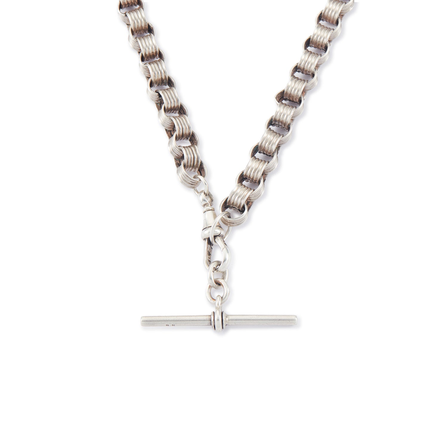 Classic sterling silver Victorian banded belcher link fob chain with a dog clip and t-bar.
