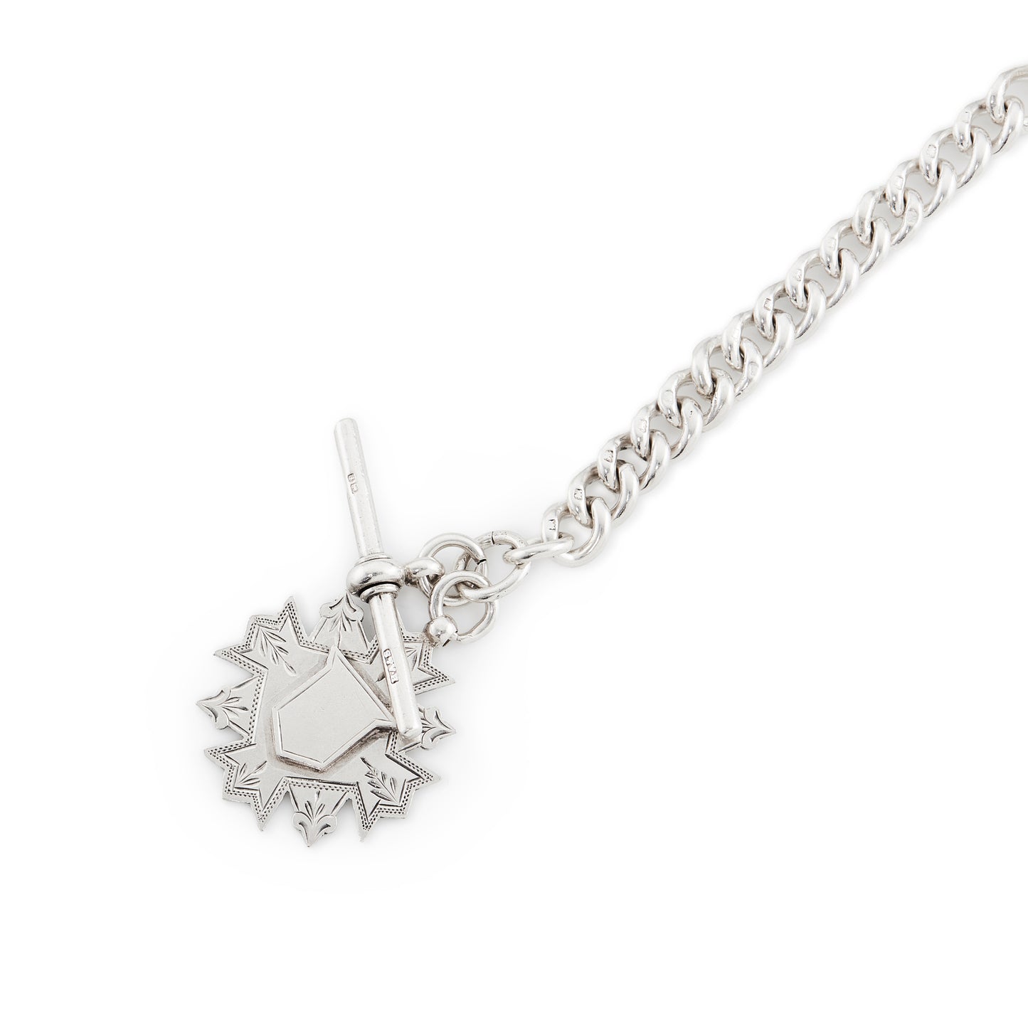 Chunky Victorian sterling silver fob chain with dog clip, t-bar and an ornate medallion (Birmingham 1892).