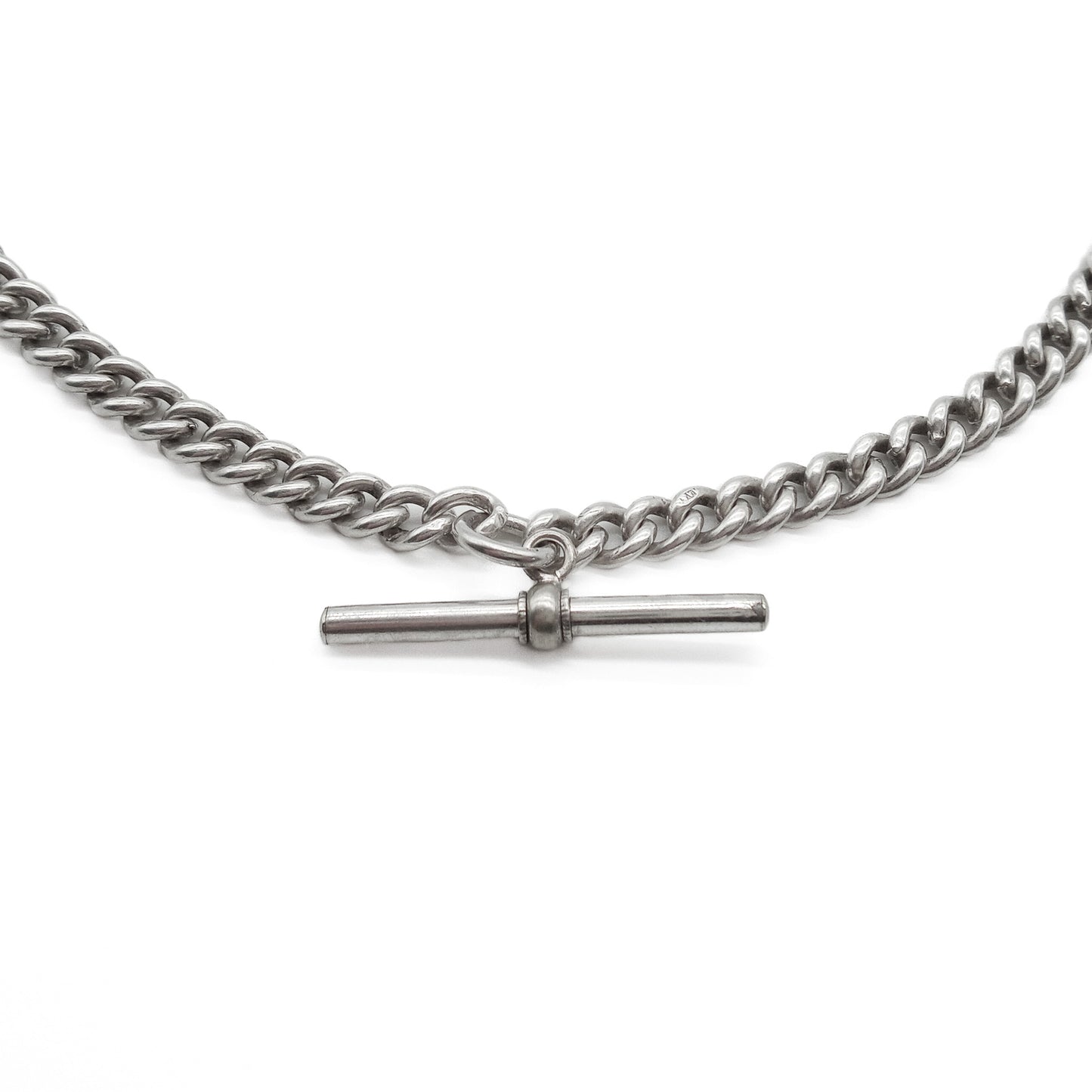 Classic Victorian sterling silver curb link fob chain with two dog clips and a t-bar. Every link is stamped.