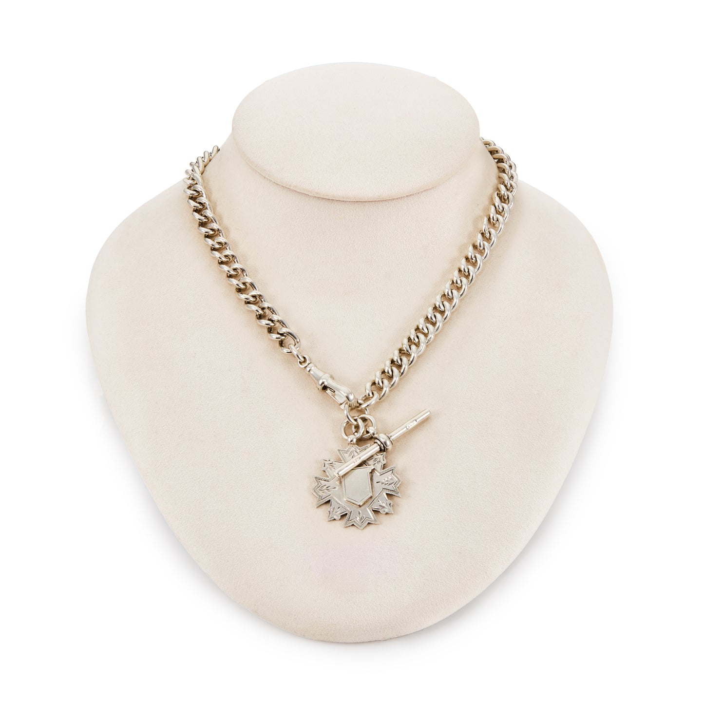 Chunky Victorian sterling silver fob chain with dog clip, t-bar and an ornate medallion (Birmingham 1892).