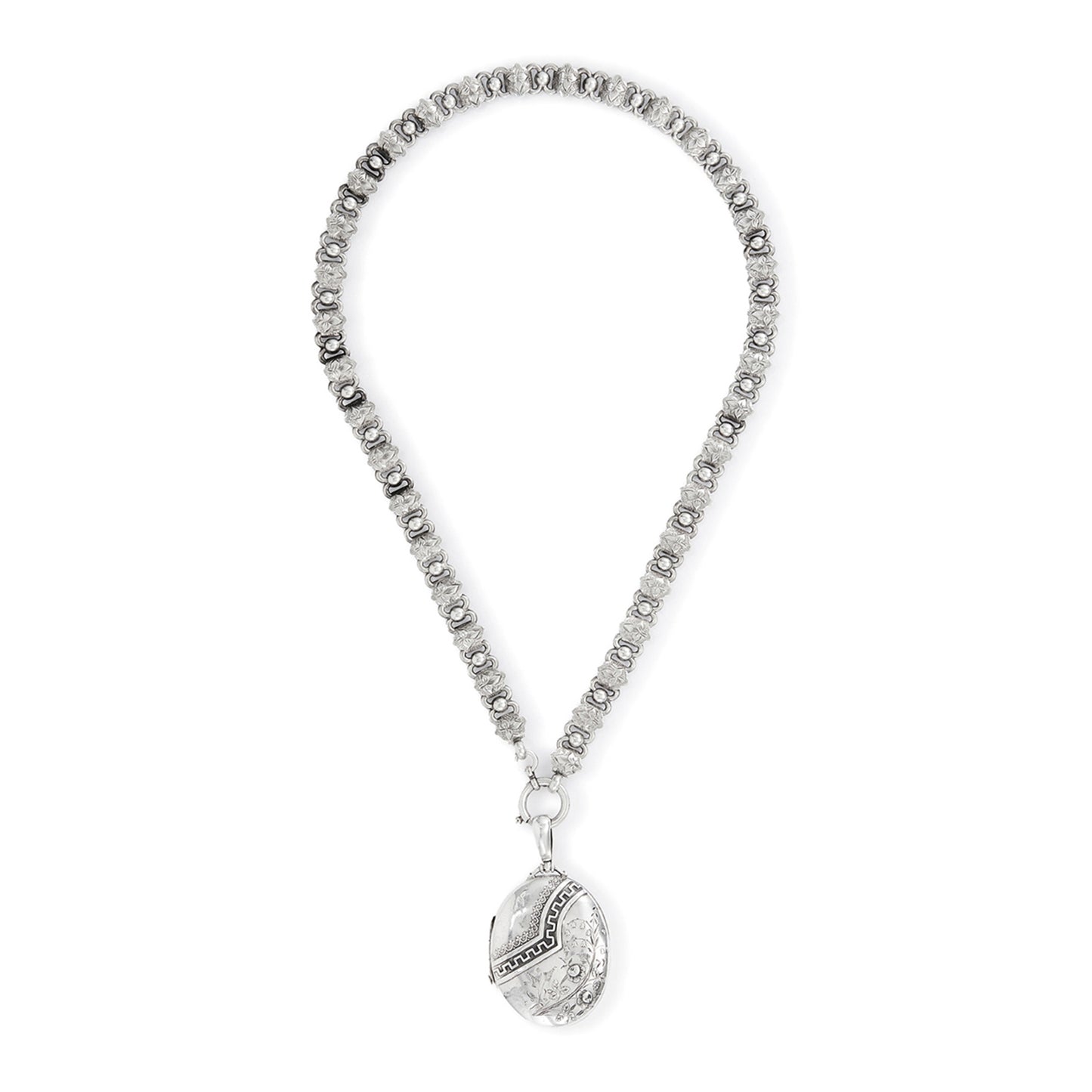 Beautiful Victorian sterling silver locket with intricate detail on an ornate sterling silver chain. Faint inscription at the back of the locket.