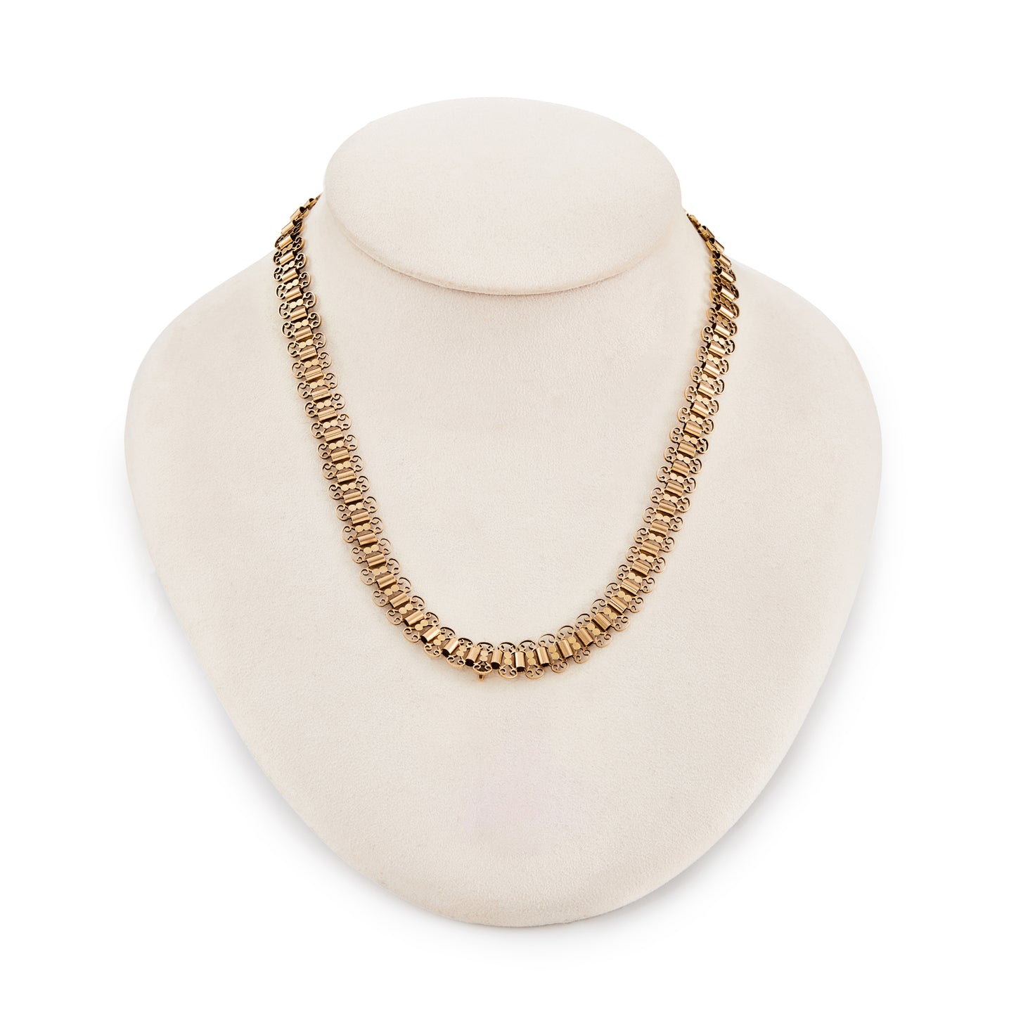 Exquisite Victorian 14ct rose gold fancy link chain with intricate scrollwork and a small attachment for a locket.