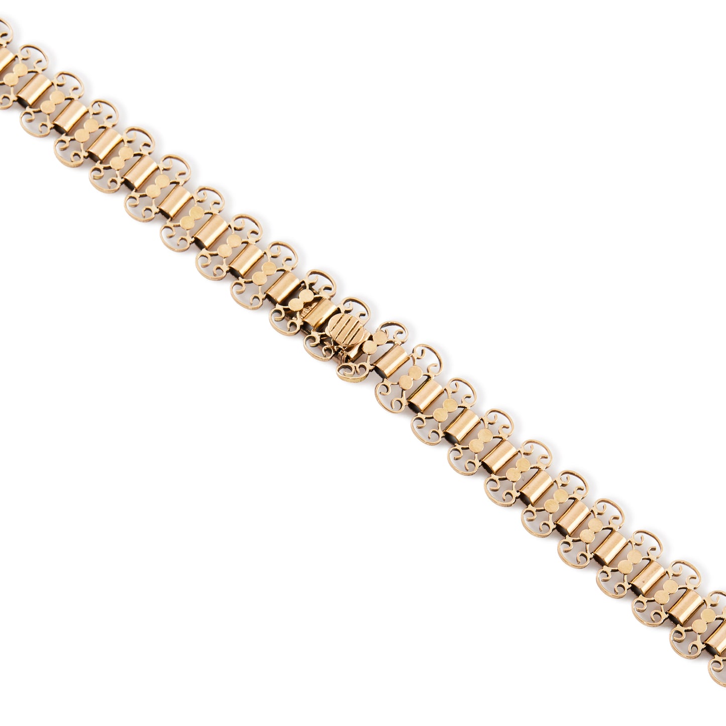 Exquisite Victorian 14ct rose gold fancy link chain with intricate scrollwork and a small attachment for a locket.