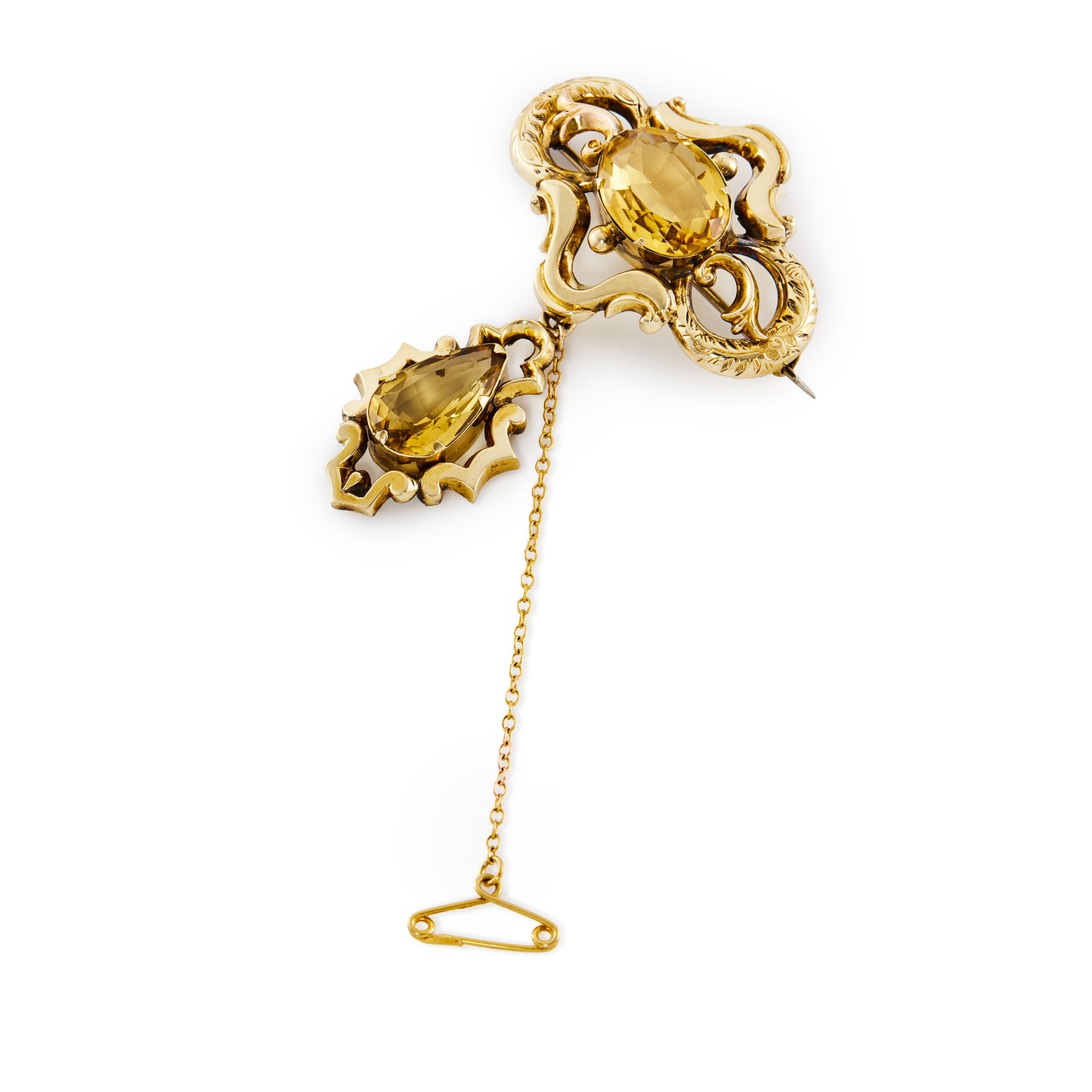 Exquisite 9ct gold Victorian brooch set with two beautifully faceted, golden colour citrines, one in a dangling drop. Dated 1852.