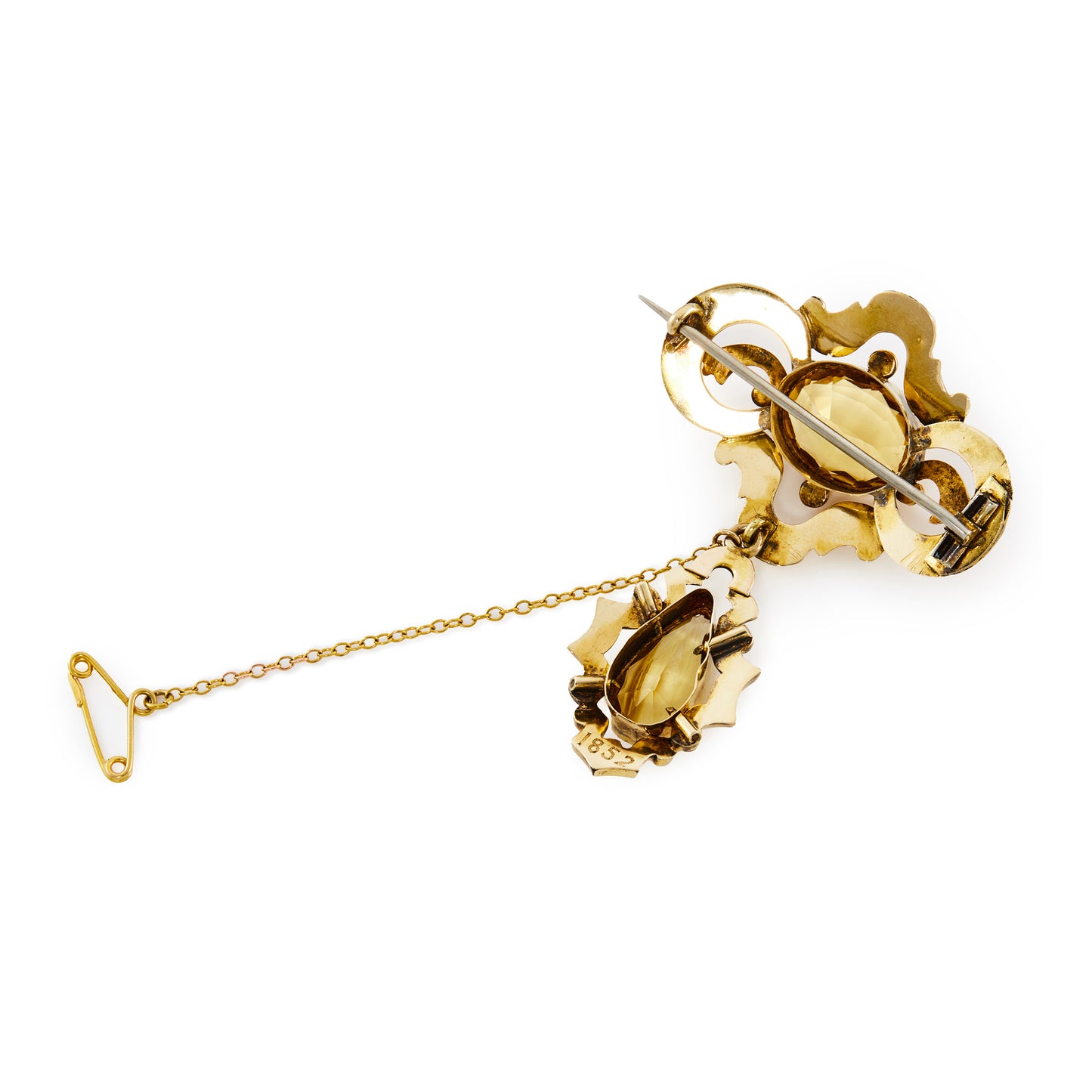 Exquisite 9ct gold Victorian brooch set with two beautifully faceted, golden colour citrines, one in a dangling drop. Dated 1852.