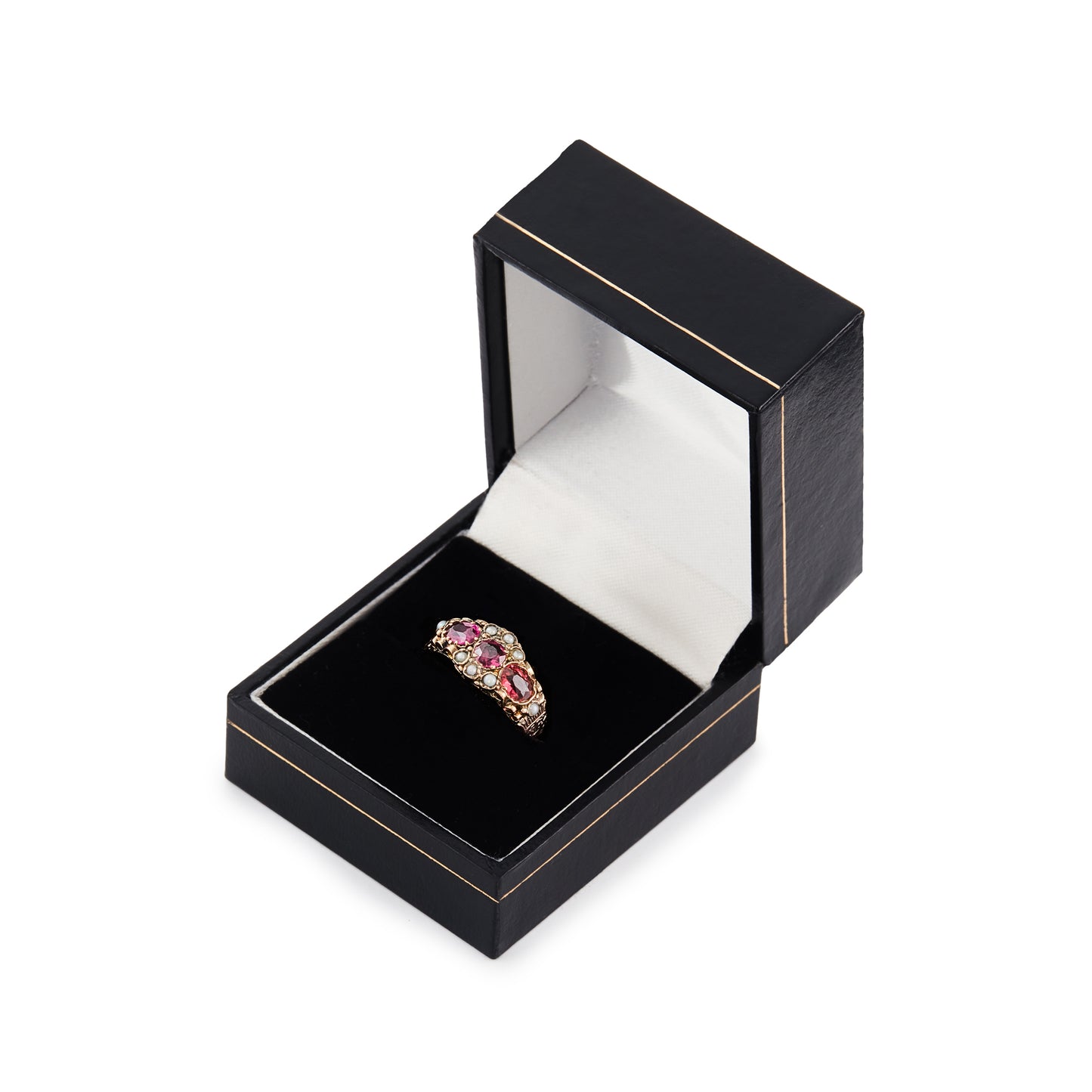 Pretty Victorian 9ct rose gold ring, set with three purple-pink garnets and eight small seed pearls. Beautiful engraving on shank.