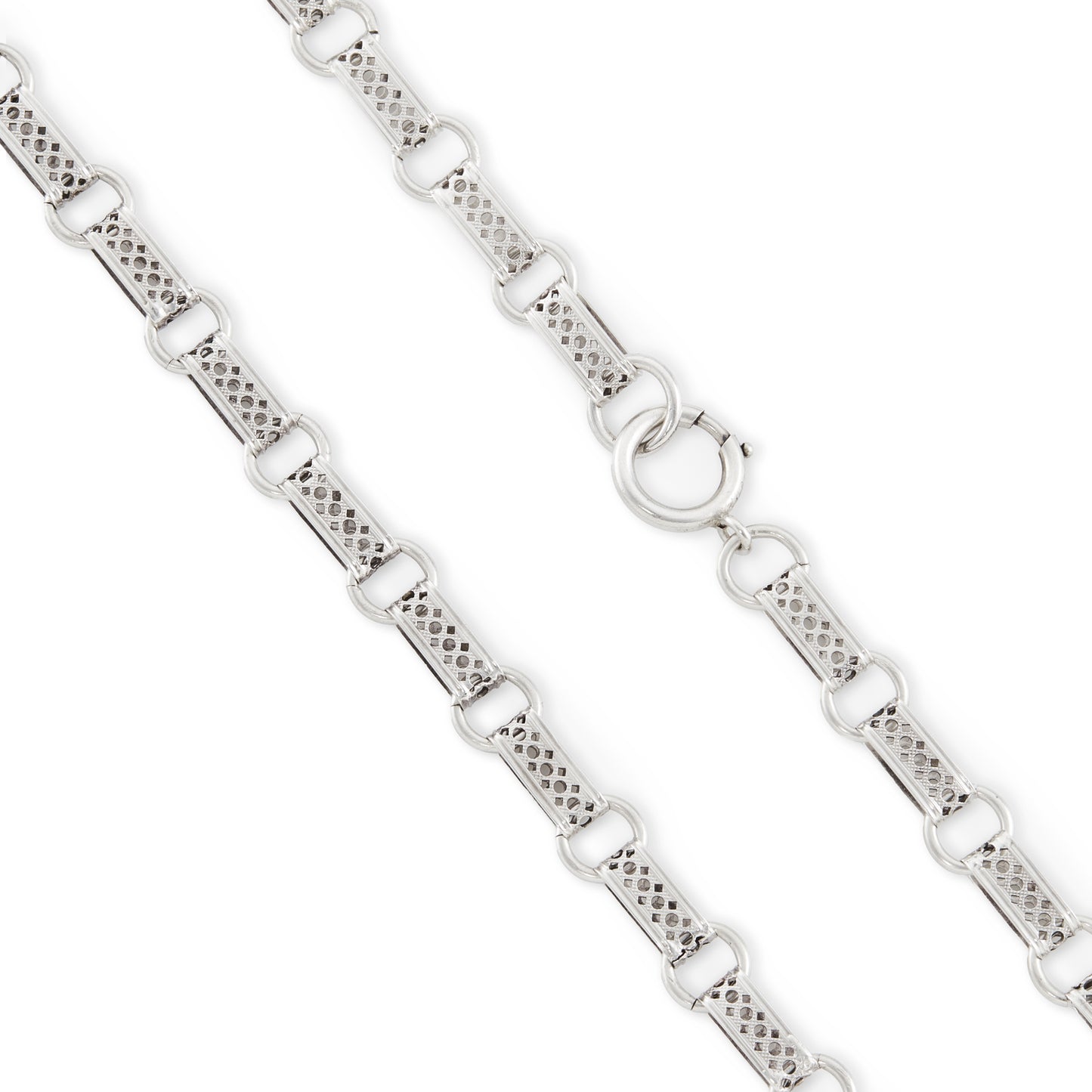 Classic Victorian silver book chain necklace with filigree links and a large bolt ring clasp.