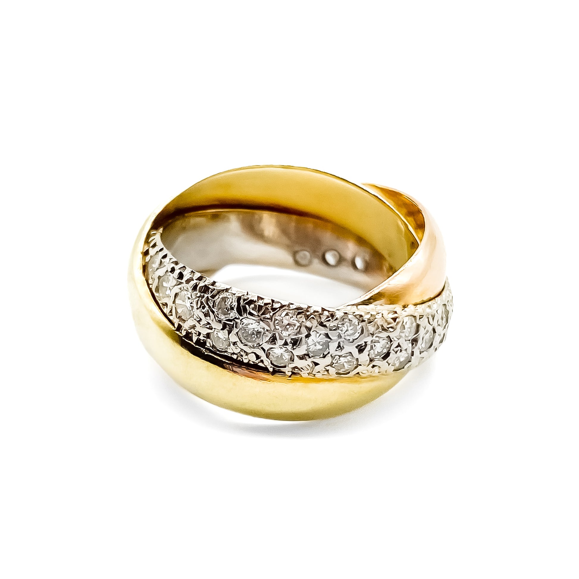 Stylish vintage 18ct three colour gold and pavé set diamond Russian wedding ring.
