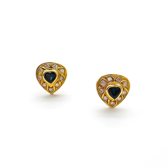Stunning vintage 18ct gold heart stud earrings, each set with a heart-shaped sapphire surrounded by diamonds.