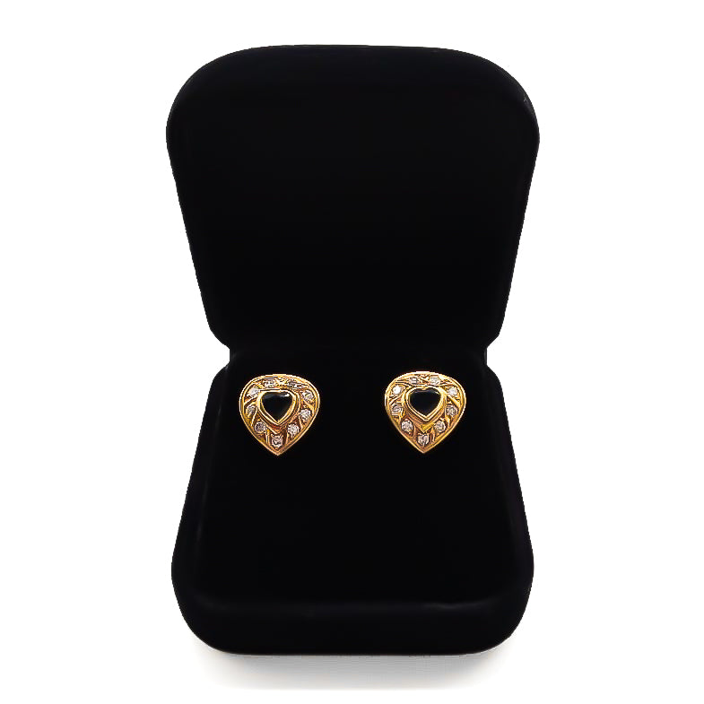 Stunning vintage 18ct gold heart stud earrings, each set with a heart-shaped sapphire surrounded by diamonds.