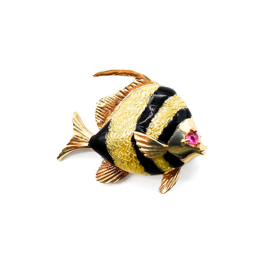 Charming vintage 18ct yellow gold fish brooch with yellow and black enamelling and a ruby eye.