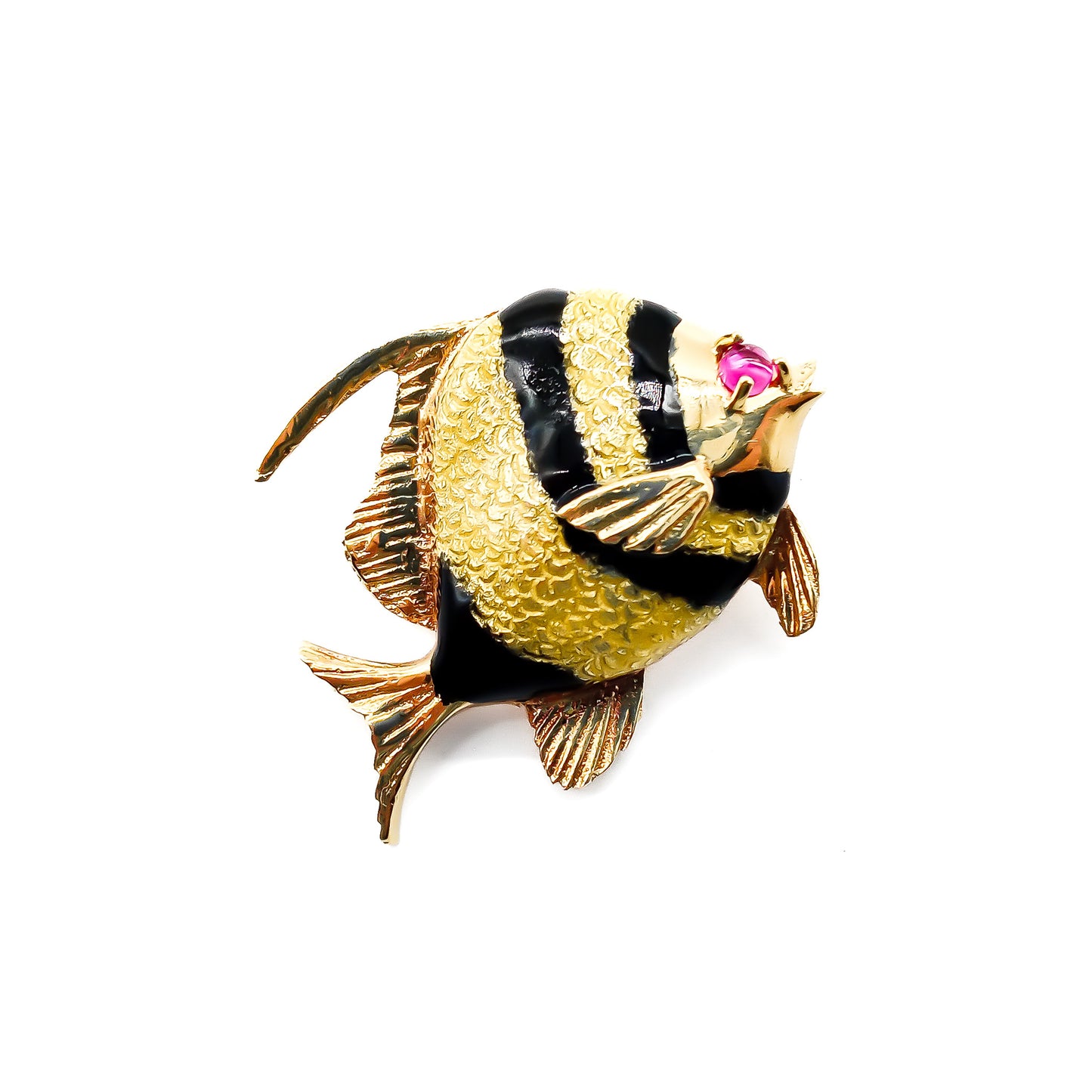 Charming vintage 18ct yellow gold fish brooch with yellow and black enamelling and a ruby eye.