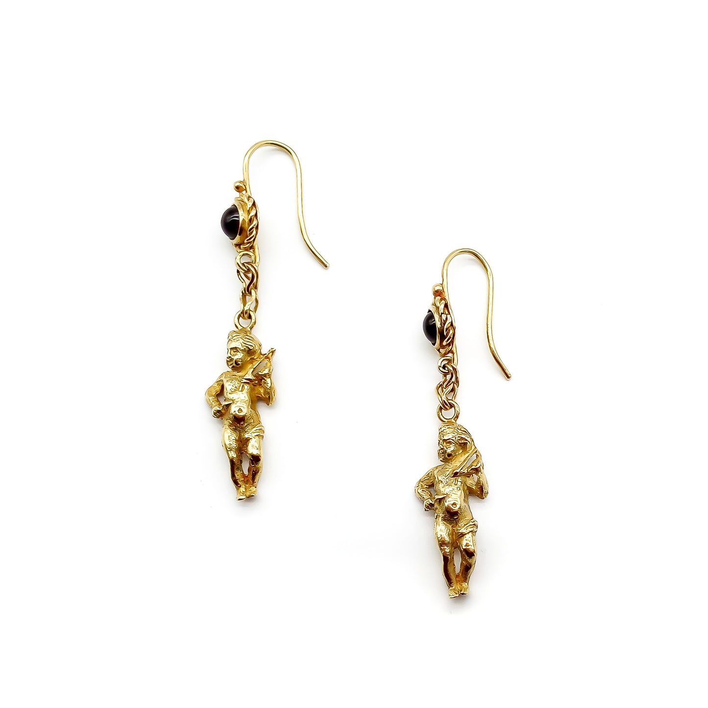 Charming vintage 18ct gold cherub earrings, each set with a cabochon garnet. Italy