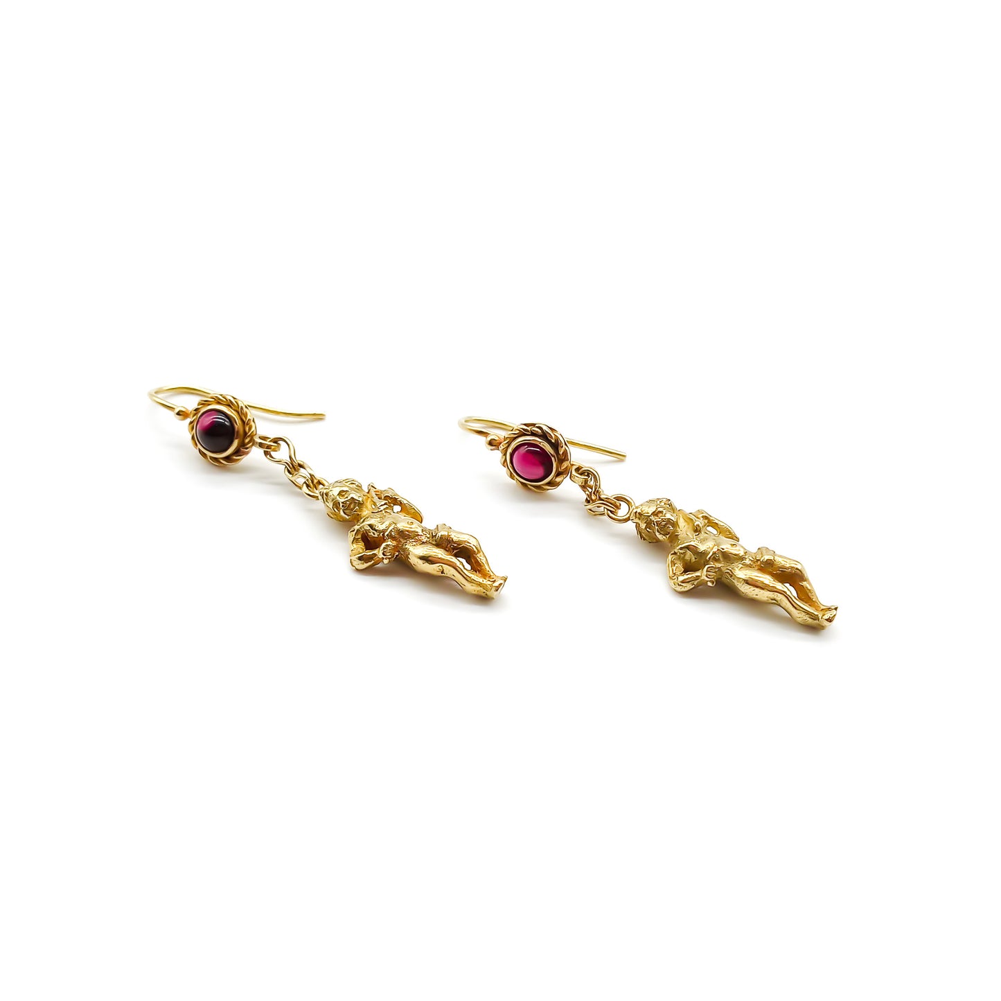 Charming vintage 18ct gold cherub earrings, each set with a cabochon garnet. Italy