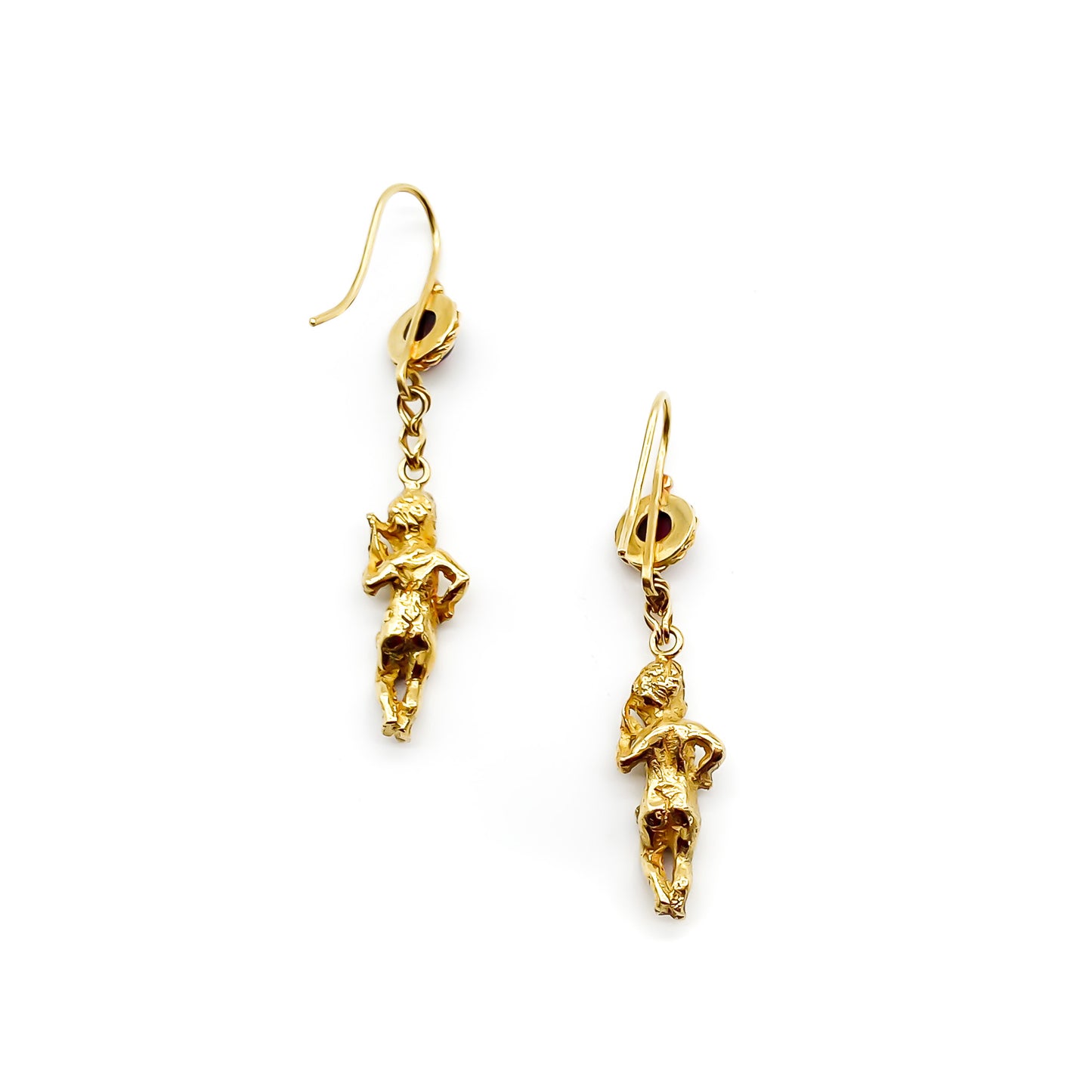 Charming vintage 18ct gold cherub earrings, each set with a cabochon garnet. Italy