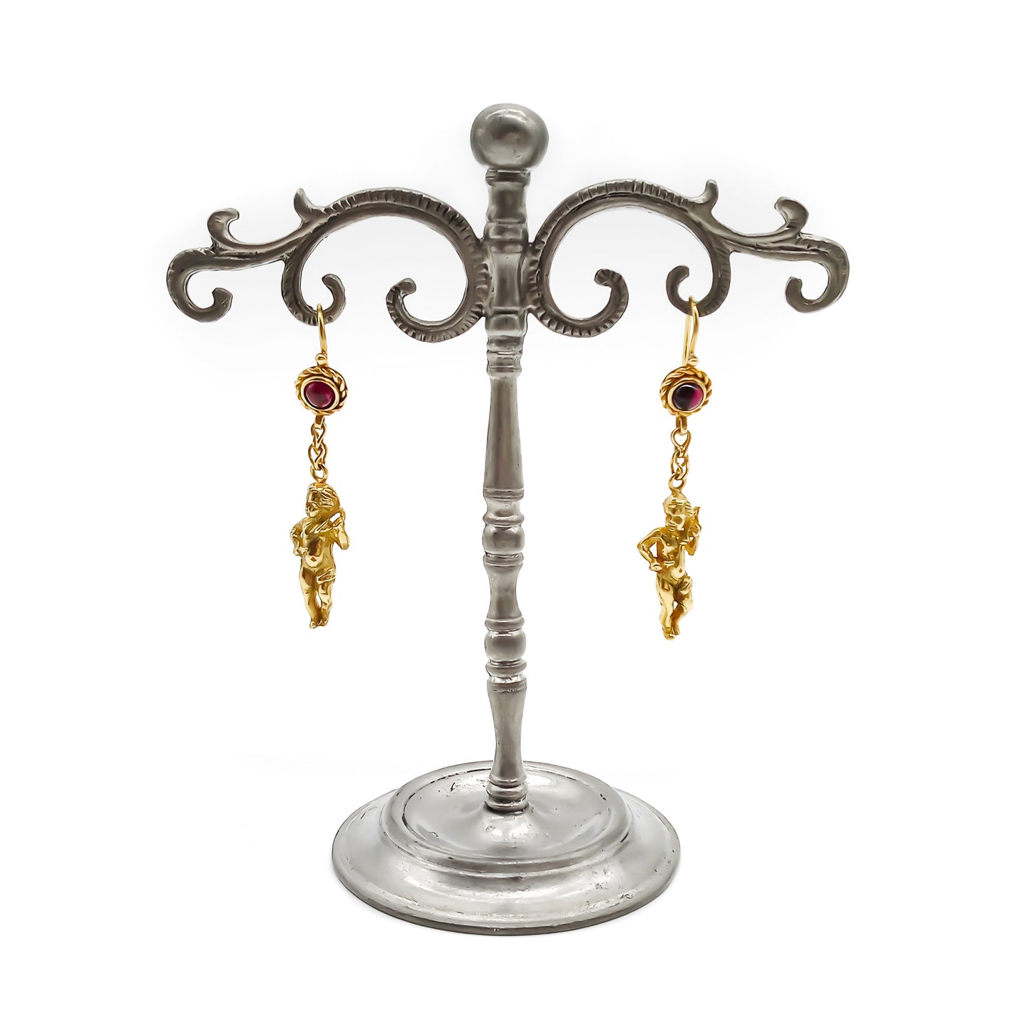 Charming vintage 18ct gold cherub earrings, each set with a cabochon garnet. Italy
