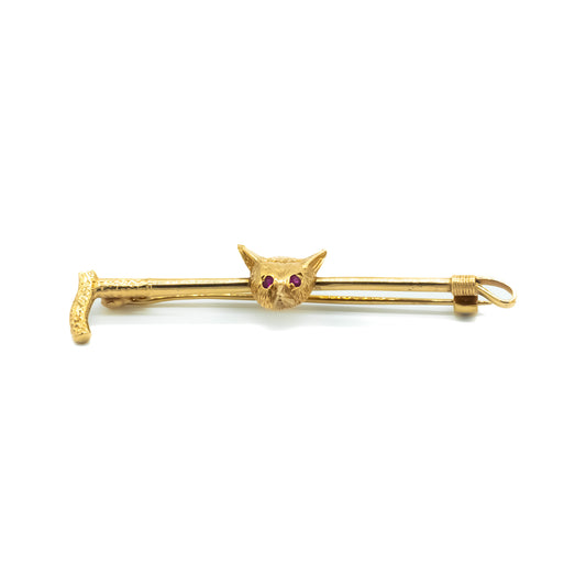 Charming vintage 9ct rose gold fox bar brooch with ruby coloured eyes.