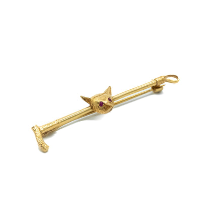 Charming vintage 9ct rose gold fox bar brooch with ruby coloured eyes.