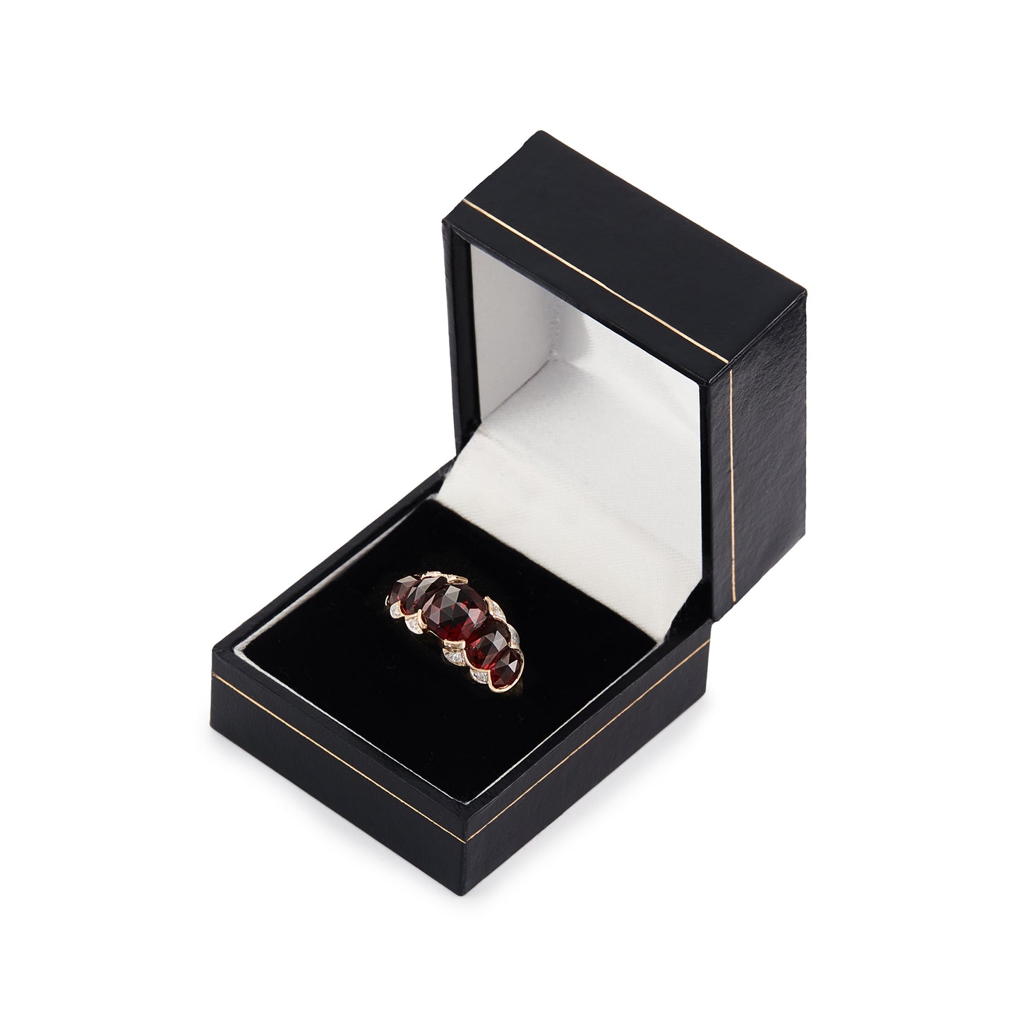 Stunning vintage 9ct gold ring set with five beautifully faceted garnets and eight small diamonds around the stones.