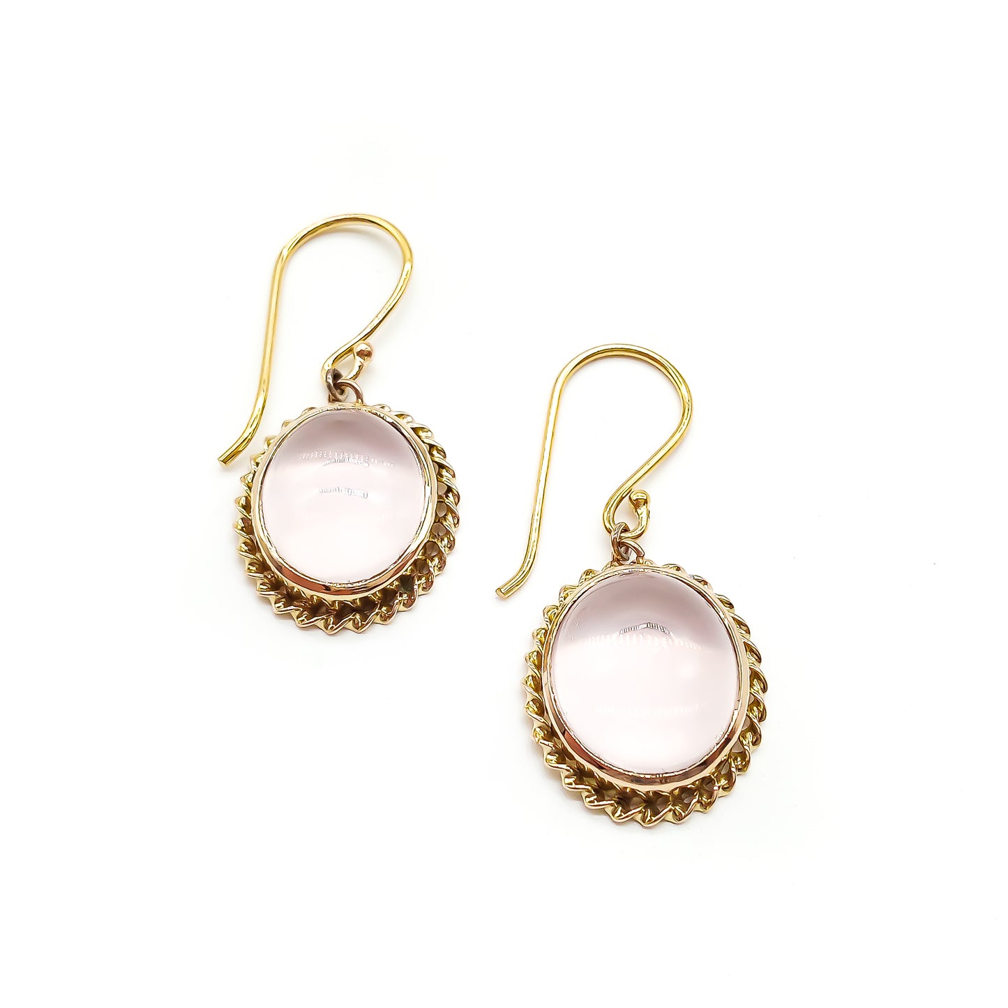 Lovely vintage 9ct yellow gold earrings, each set with a light pink cabochon rose quartz stone.