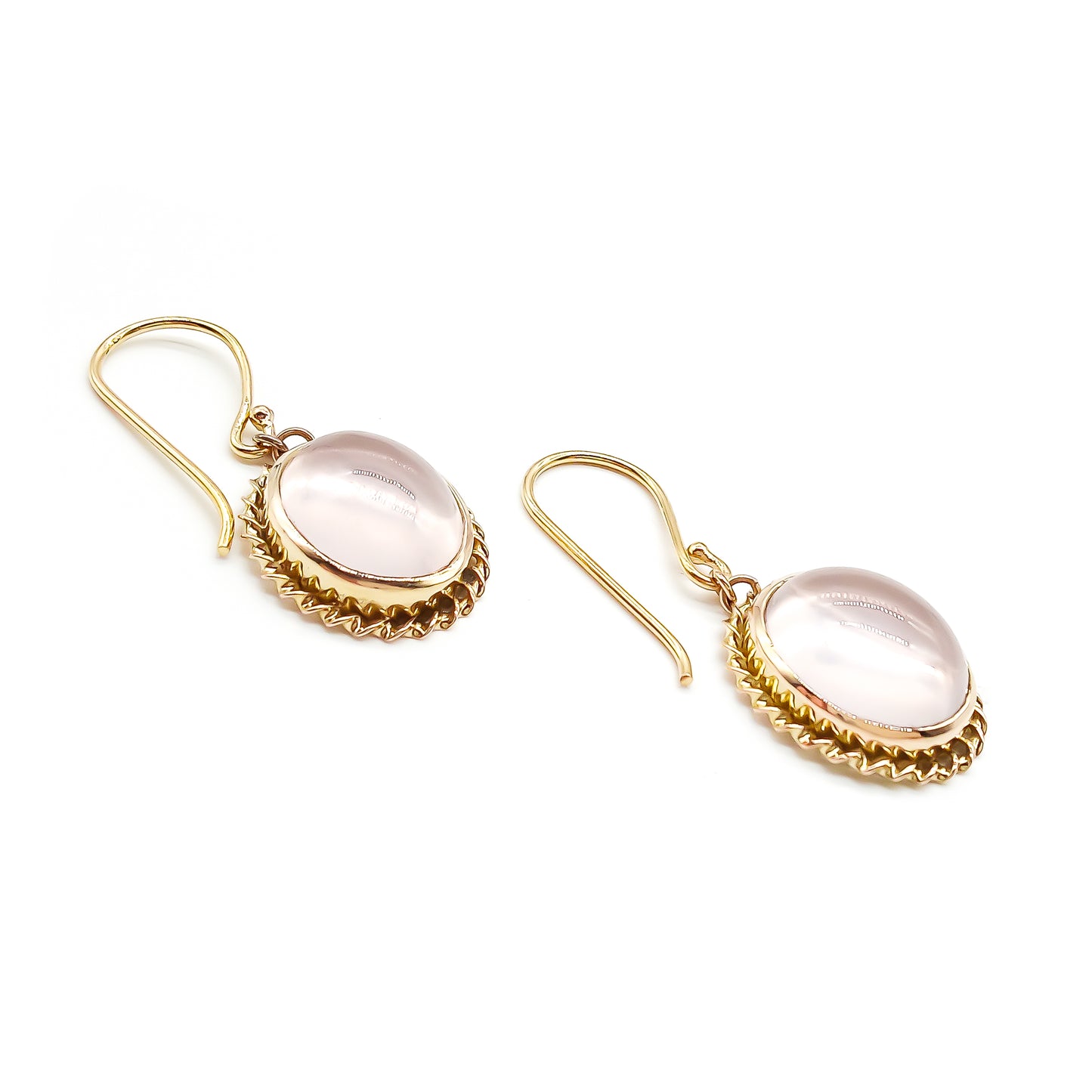 Lovely vintage 9ct yellow gold earrings, each set with a light pink cabochon rose quartz stone.