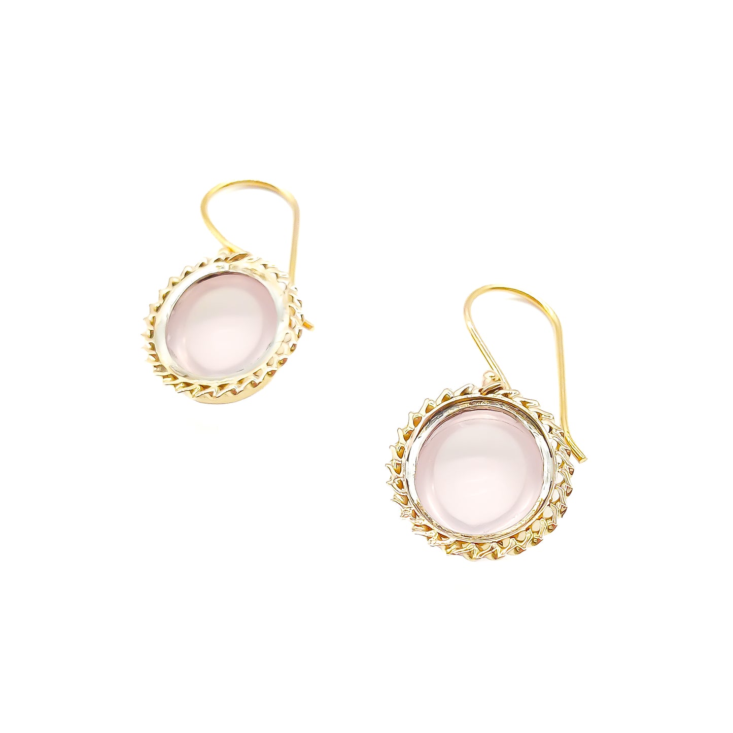 Lovely vintage 9ct yellow gold earrings, each set with a light pink cabochon rose quartz stone.