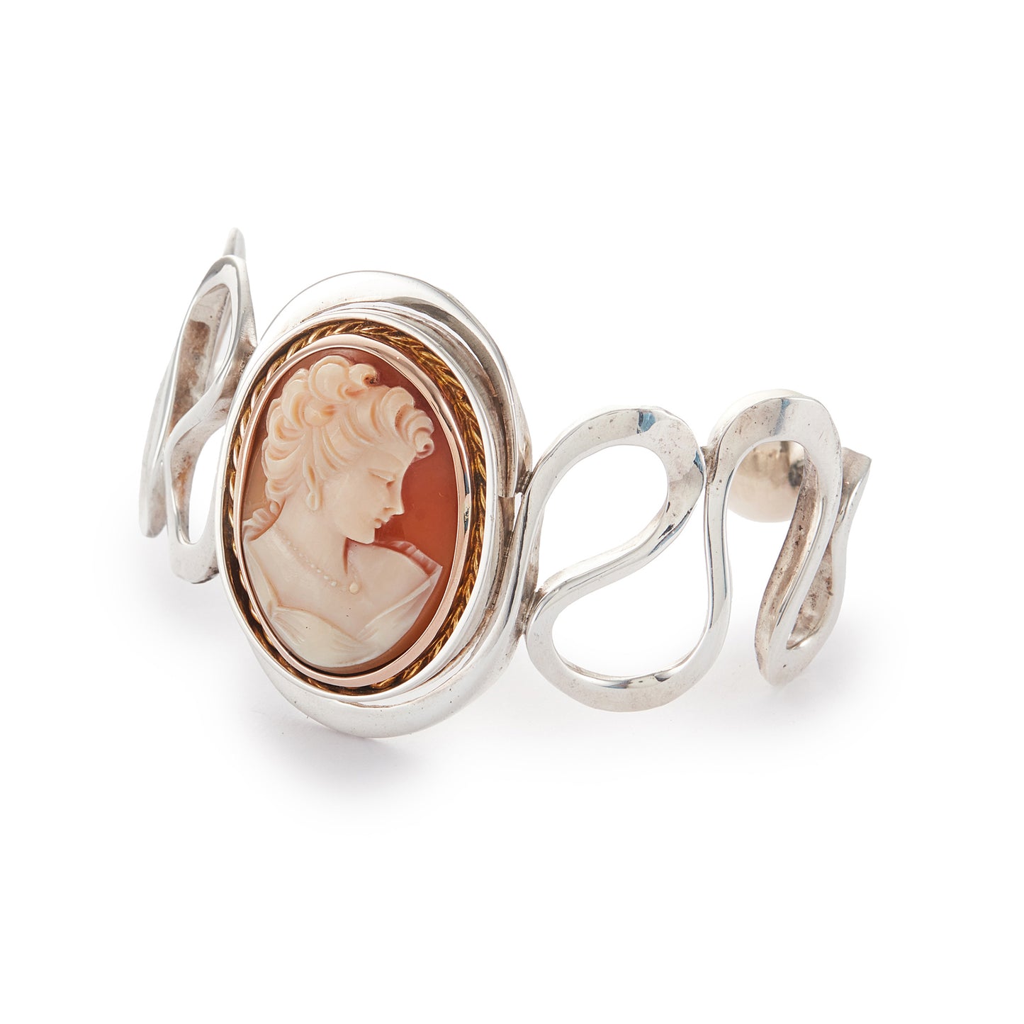 Beautifully handcrafted vintage designer sterling silver bangle with a classic cameo in a 9ct rose gold frame and 9ct rose gold beads at the opening. Will fit most wrists.