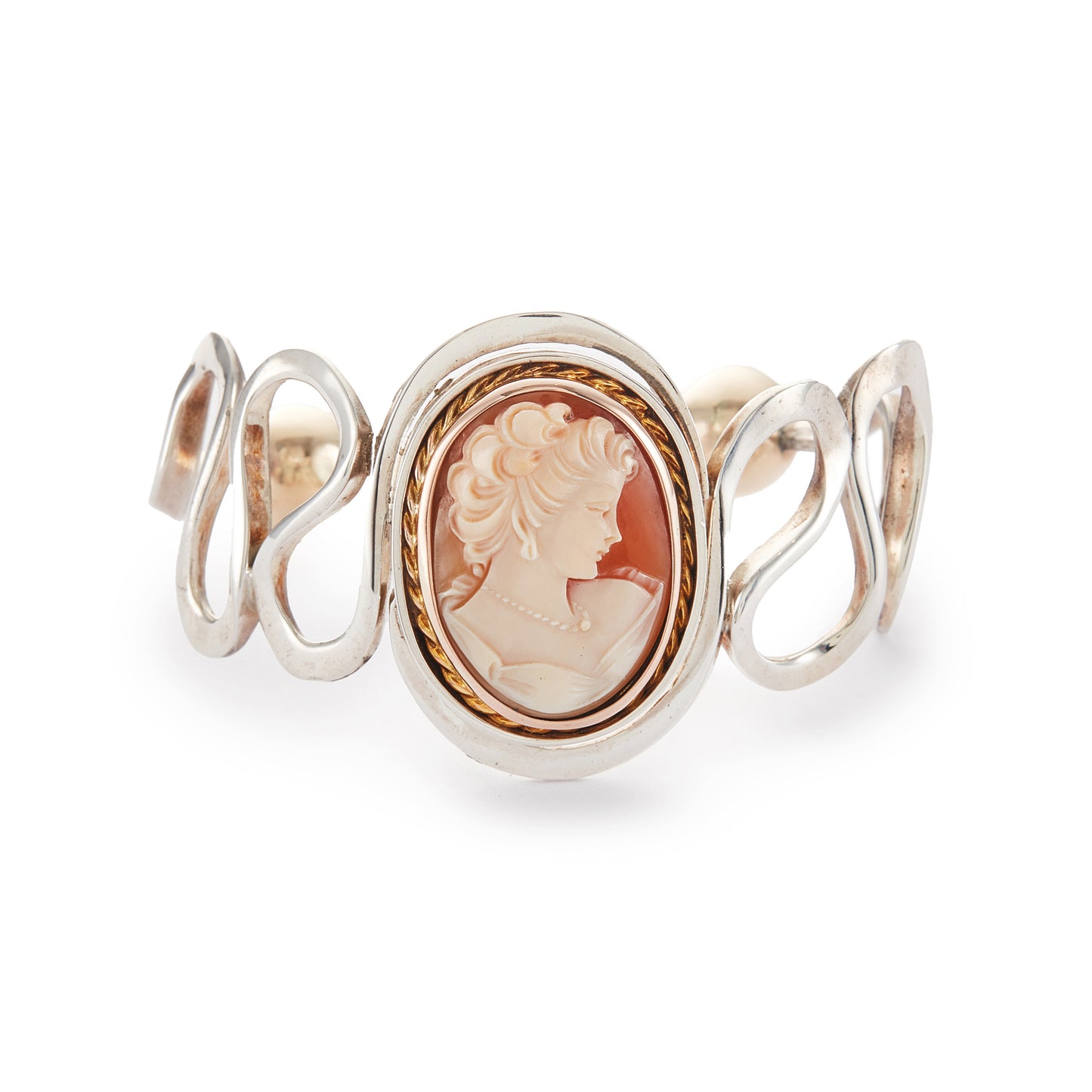 Beautifully handcrafted vintage designer sterling silver bangle with a classic cameo in a 9ct rose gold frame and 9ct rose gold beads at the opening. Will fit most wrists.