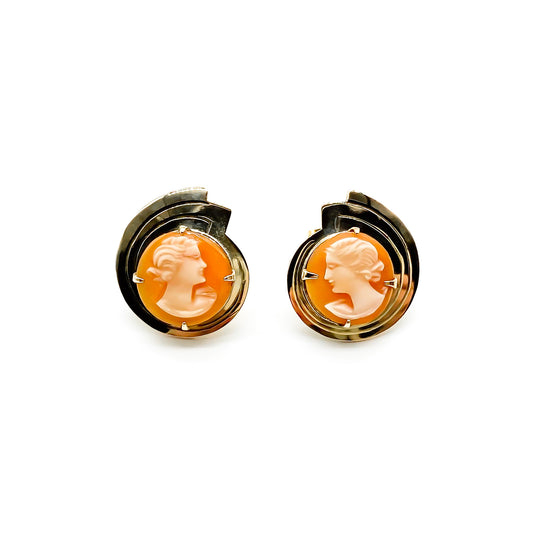 Stylish vintage 9ct rose gold stud earrings set with two beautifully carved cameos.